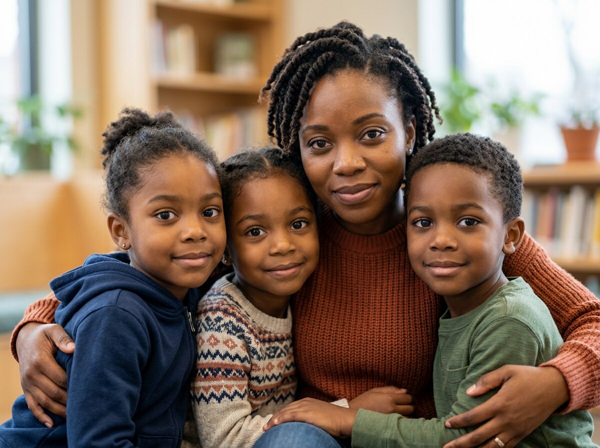 A mother holding her three children close