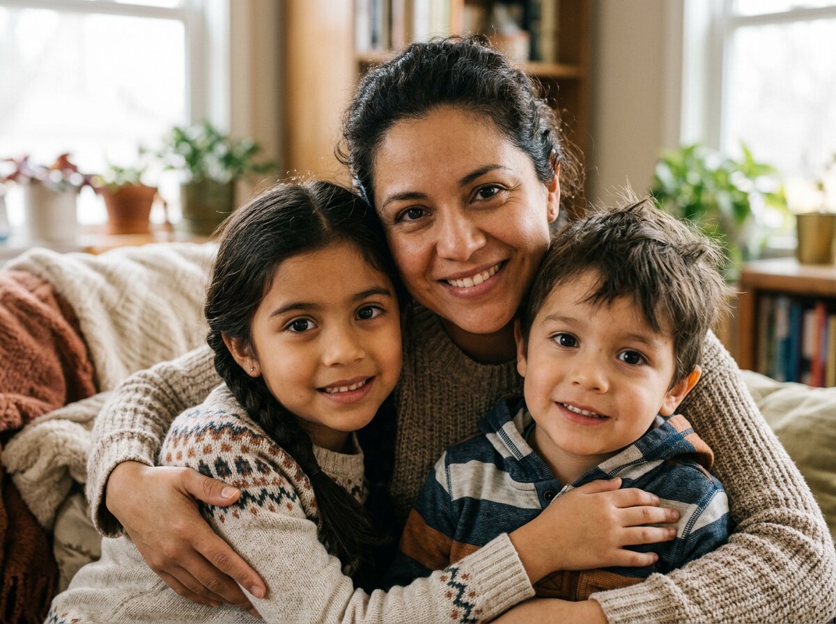 A mother embracing her two children at home